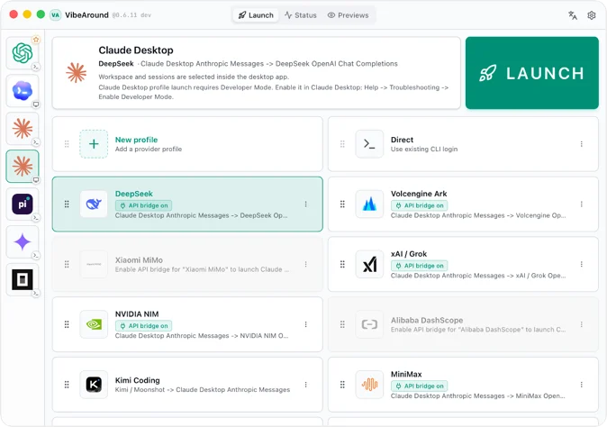 VibeAround desktop app launching Claude Desktop with API Bridge profiles, workspace selection, and Codex desktop app support
