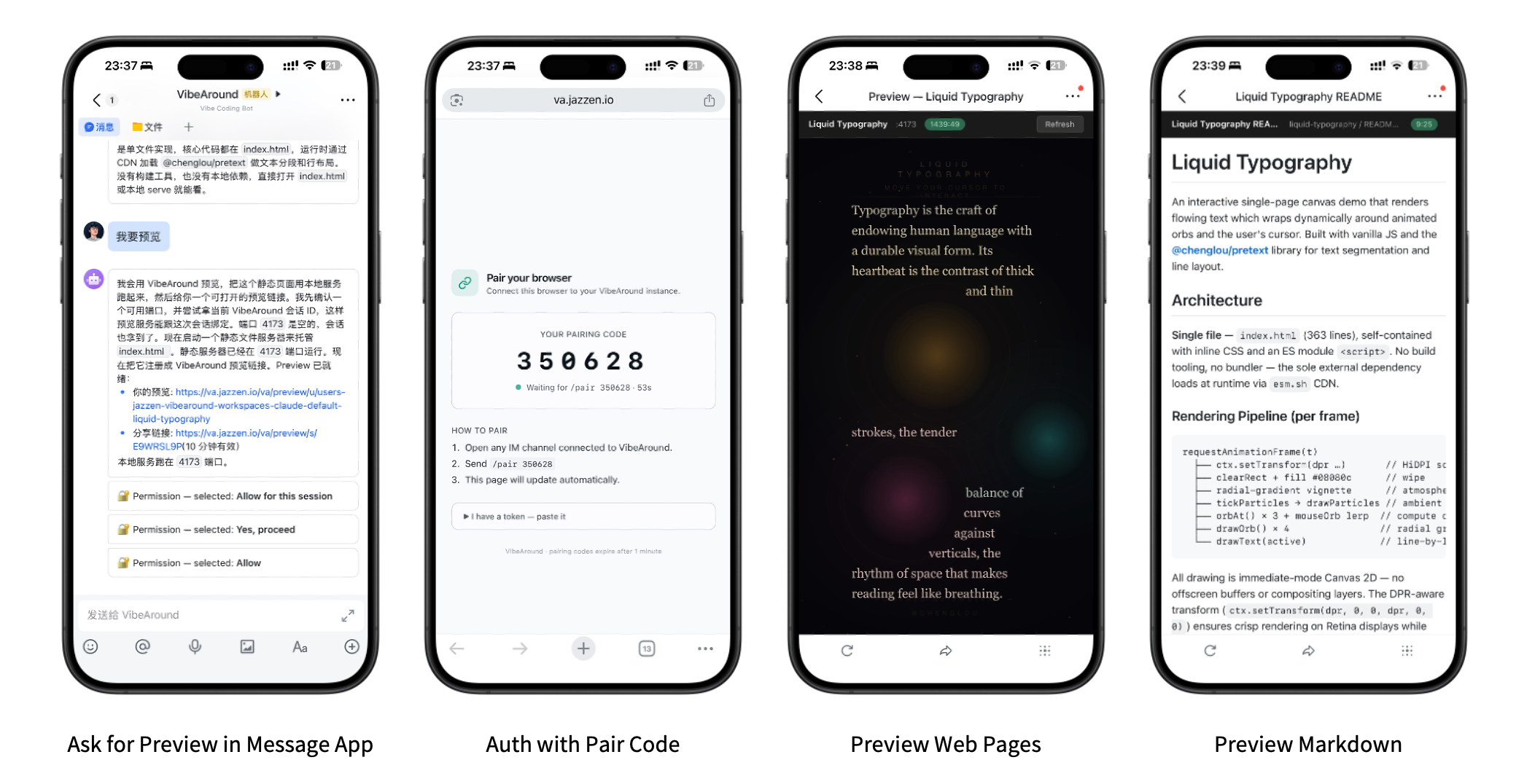 Four phone screenshots showing messaging app preview request, browser pairing, web preview, and Markdown preview