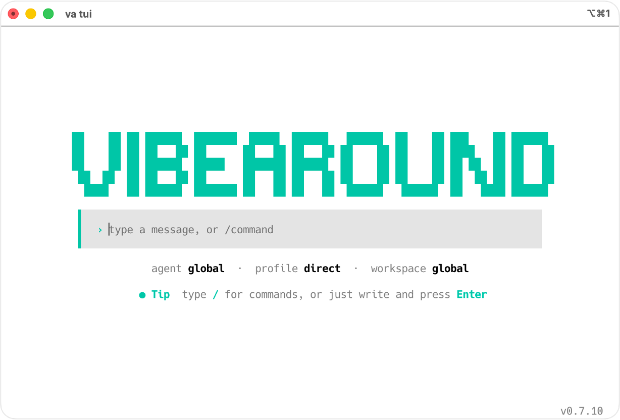 VibeAround TUI welcome screen with local hub status and command line agent sessions
