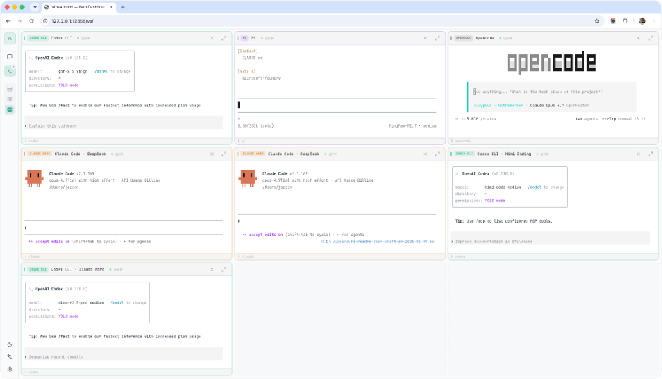 VibeAround Web Terminal showing multiple AI coding agents running side by side in browser panes